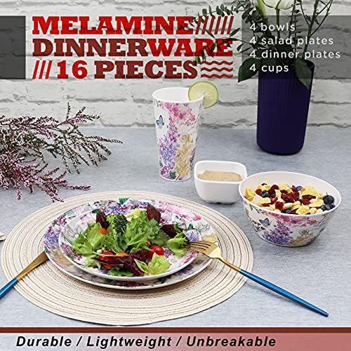Melamine Dinnerware Set for 4-16 Pcs:Camping Dishes Set with Dinner Plates,Salad Plates,Cups and Bowls.Lightweight and Unbreakable.Indoor and Outdoor Use.
