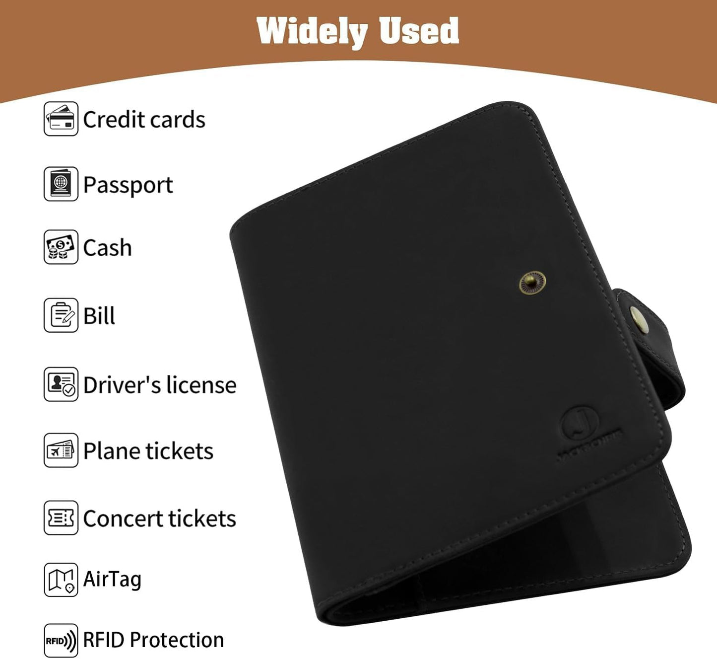 Jack&Chris Genuine Leather Handmade Passport Holder For Travel, RFID Blocking Passport Holder with Card Slots, Travel Essentials wallet with Pen Holder for Women and Men for Gifting, Black