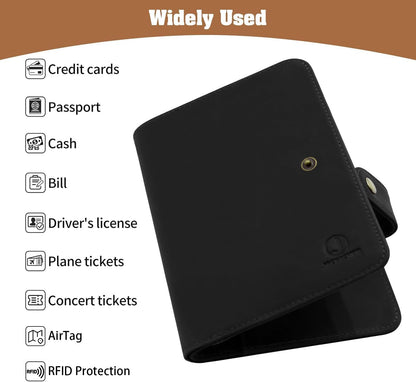 Jack&Chris Genuine Leather Handmade Passport Holder For Travel, RFID Blocking Passport Holder with Card Slots, Travel Essentials wallet with Pen Holder for Women and Men for Gifting, Black