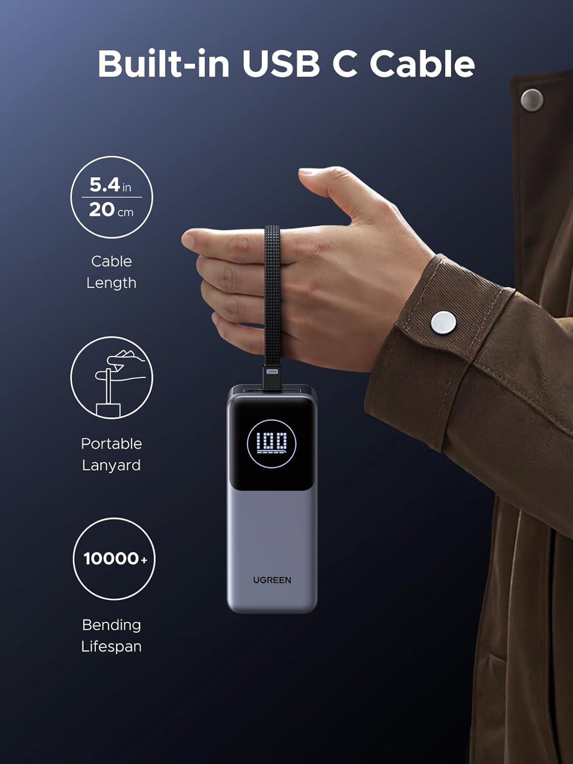 UGREEN Nexode Power Bank 20000mAh 130W with Built-in USB C Cable Laptop Travel Portable Charger, 80W Input, Fast Charging for MacBook Pro/Air/iPhone 16/iPad Pro/Galaxy S25 Ultra/Dell/HP and More