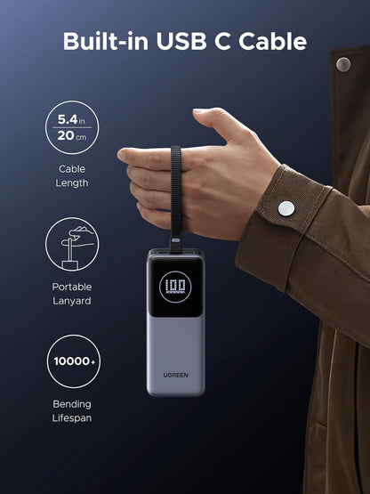 UGREEN Nexode Power Bank 20000mAh 130W with Built-in USB C Cable Laptop Travel Portable Charger, 80W Input, Fast Charging for MacBook Pro/Air/iPhone 16/iPad Pro/Galaxy S25 Ultra/Dell/HP and More