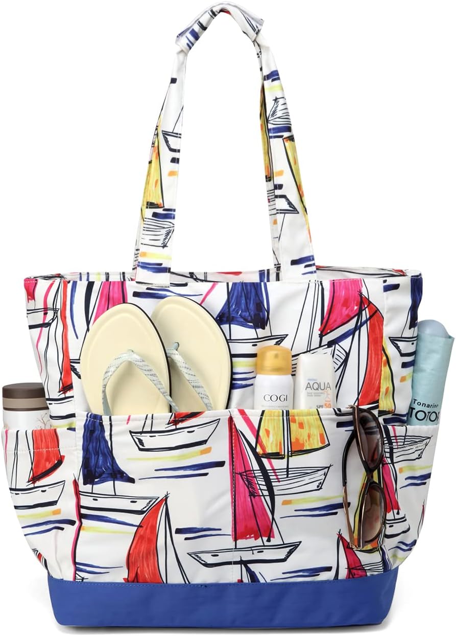 VASCHY Beach Bag for Women, Large Waterproof Sandproof Fold-able Packable Pool Tote Bag w Zipper/Pockets