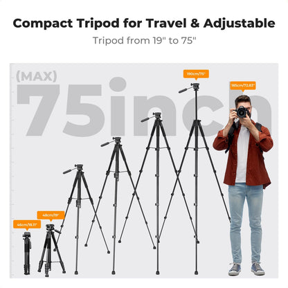 K&F Concept Camera Tripod, 75" Lightweight Portable Travel Outdoor DSLR Tripods for Camera Phone Video Recording Tripod Stand, Cellphone Clip for Smartphone Live Streaming Vlog, Black