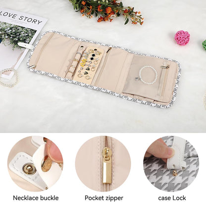 Voova Travel Jewelry Holder Organizer Case, Small Jewelry Storage Bag for Women Girls, Foldable Traveling Jewellery Pouch Roll for Necklaces Rings Earrings Bracelets, Mini, Grey+White