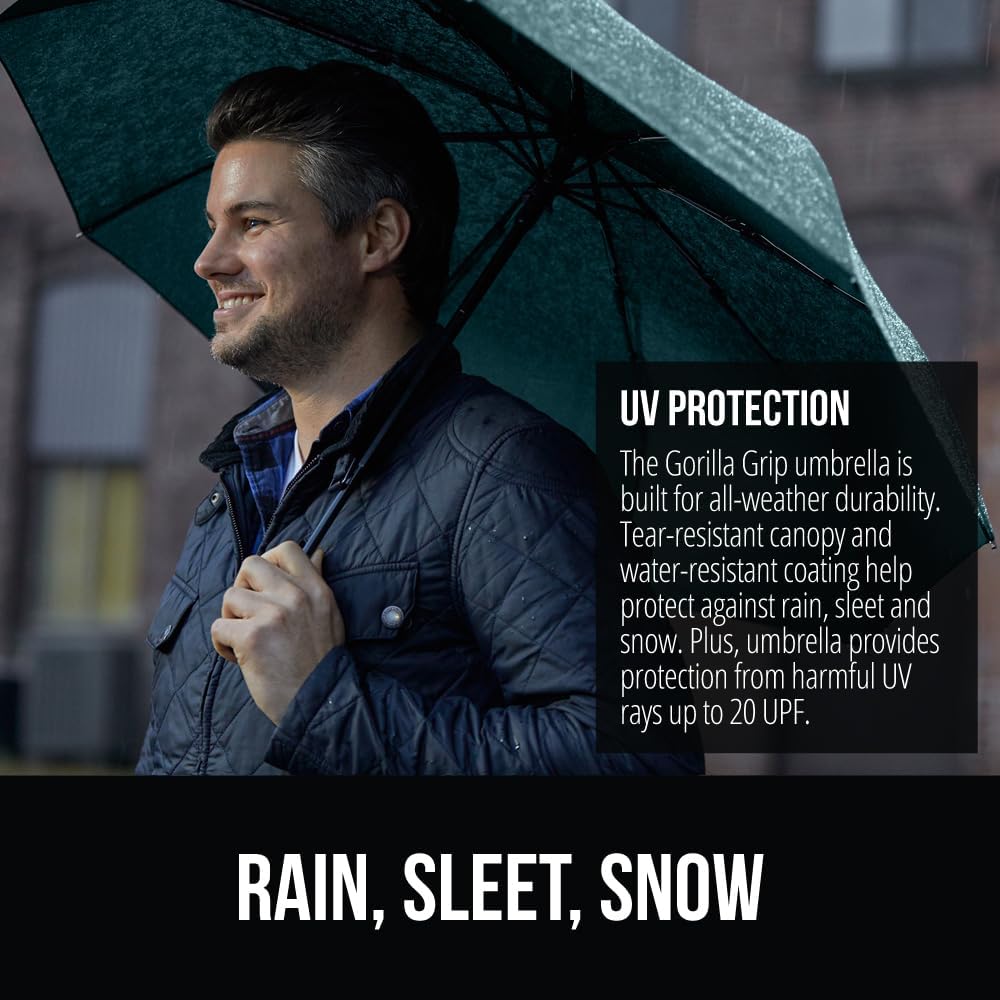 GORILLA GRIP Compact Stick Umbrella for Rain, Travel One-Click Automatic Open Close, Lightweight, Portable, US Designed Reinforced Fiberglass Ribs, Wind Resistant Easy Collapse, Hunter Green