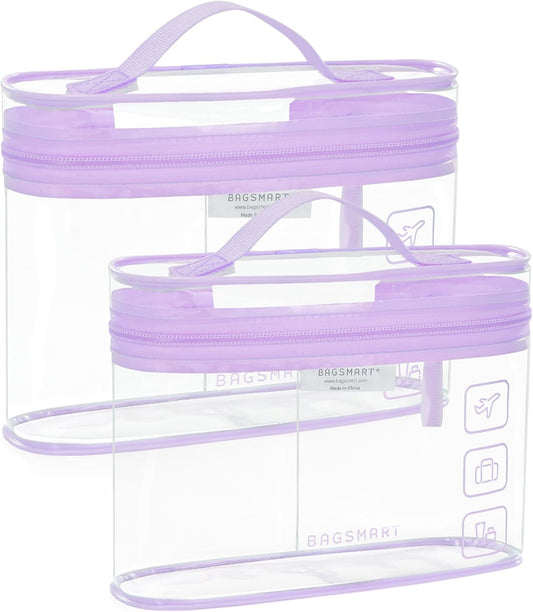 BAGSMART TSA Approved Toiletry Bag, 2 Pack Clear Makeup Cosmetic Bag Organizer, Quart Size Travel Bag for Toiletries, Carry-on Travel Accessories Essentials, Purple-2pcs