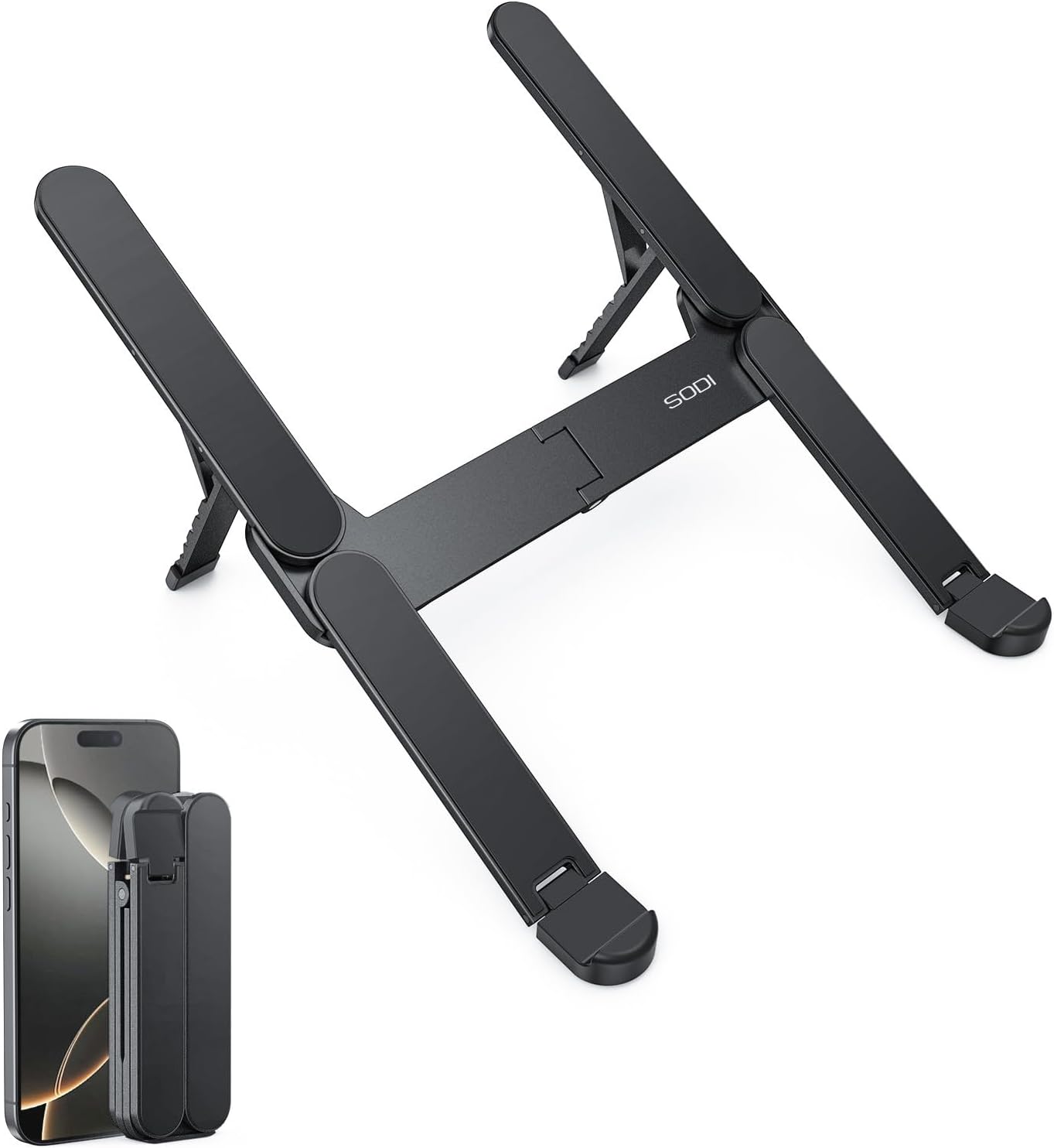 SODI Ultra Compact Foldable Laptop Stand - Portable Laptop Holder for Desk & Travel Use, Ergonomic Aluminum Computer Holder with Adjustable Height for MacBook, Tablet 10-16" (Dark Black, Bi-Fold)