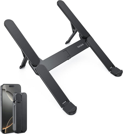 SODI Ultra Compact Foldable Laptop Stand - Portable Laptop Holder for Desk & Travel Use, Ergonomic Aluminum Computer Holder with Adjustable Height for MacBook, Tablet 10-16" (Dark Black, Bi-Fold)