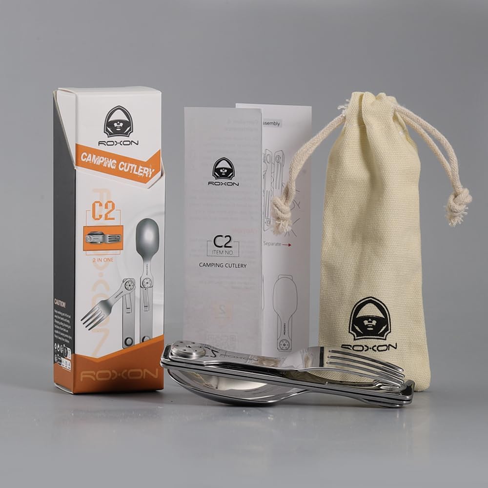 Roxon C2 Camping Utensil 2 in 1 Detachable Folding Cutlery with Fork & Spoon for Outdoor, Camping, Hiking, Easy to Carry Highly Practical Tableware