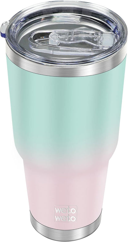 WETOWETO 30oz Tumbler, Stainless Steel Vacuum Insulated Water Coffee Tumbler Cup, Double Wall Powder Coated Spill-Proof Travel Mug Thermal Cup for Home Outdoor (Green-Pink Gradient, 1 Pack)