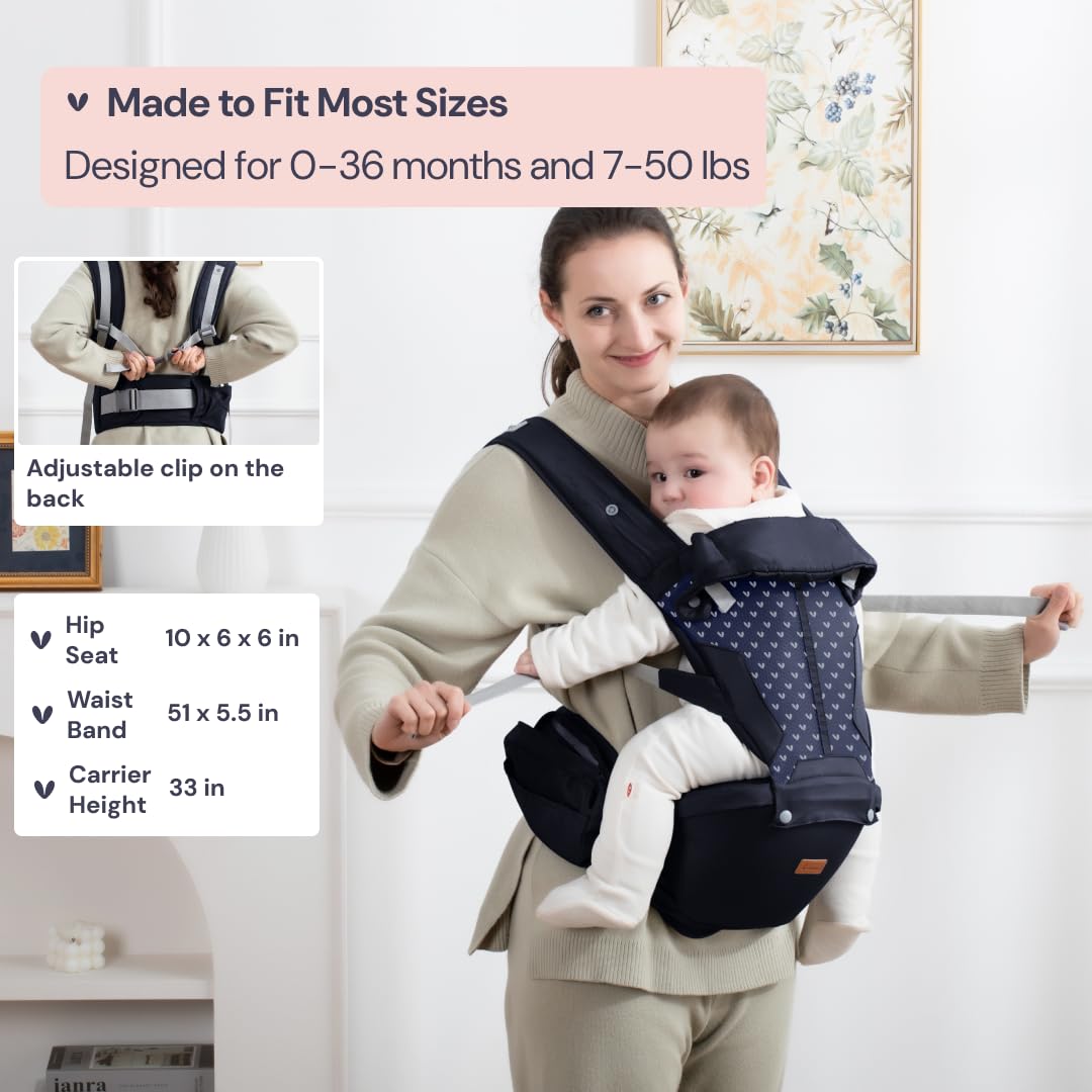 BabbleRoo Grow Carrier – 6-in-1 Baby Carrier with Hip Seat, Ergonomic, Cozy & Adjustable Toddler Carrier 7-50 lbs with Hip & Lumbar Support, Hood for Sun Protection, Newborn to Toddler, Navy Hearts