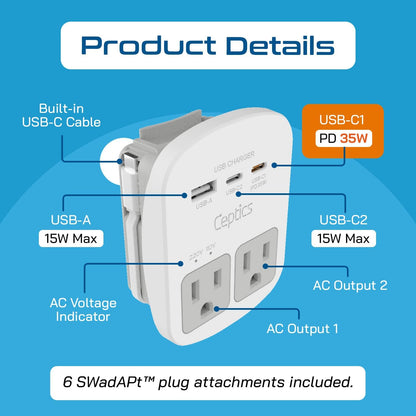 Ceptics Universal Travel Adapter Kit – 2 USA sockets, USB-A, USBC, 1x PD 35W USB-C and USBC Cable, Surge Protected, Plugs for EU, UK, China, AU, Japan - Use with Laptop, Phones, Cameras - ETL Tested