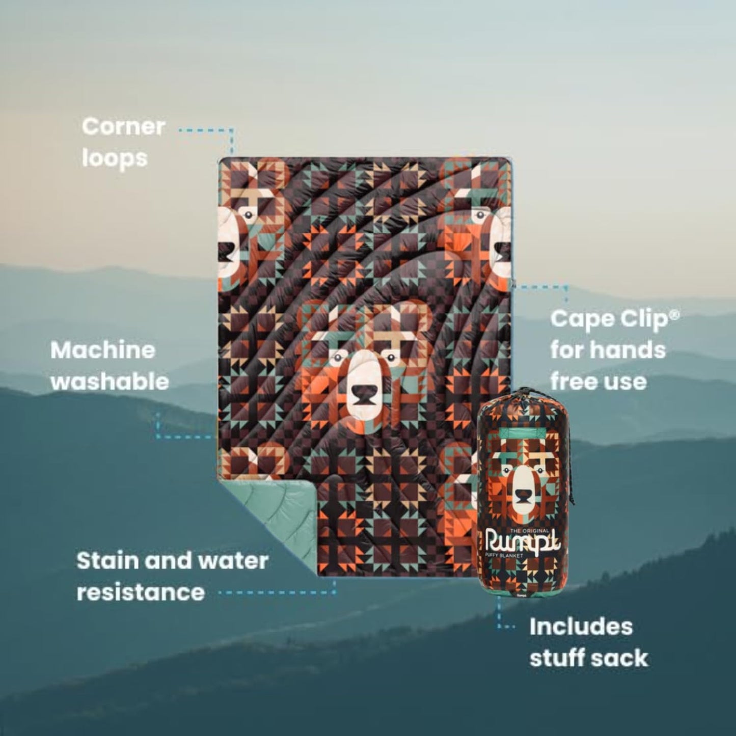 Rumpl Original Puffy Blanket - Warm, Water-Resistant Camping Blanket with 100% Recycled Synthetic Insulation, 52"x75", Original Puffy V1, Grizzly Slumber