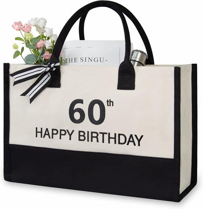 TOPDesign Embroidery Canvas Tote Bag for Women, 60th Birthday Gifts for Her, Wife, Mom, Sister, Daughter, Aunt, Best Friend, Coworker, Turning 60 Years Old Present, Personalized Bag for Beach, Holiday