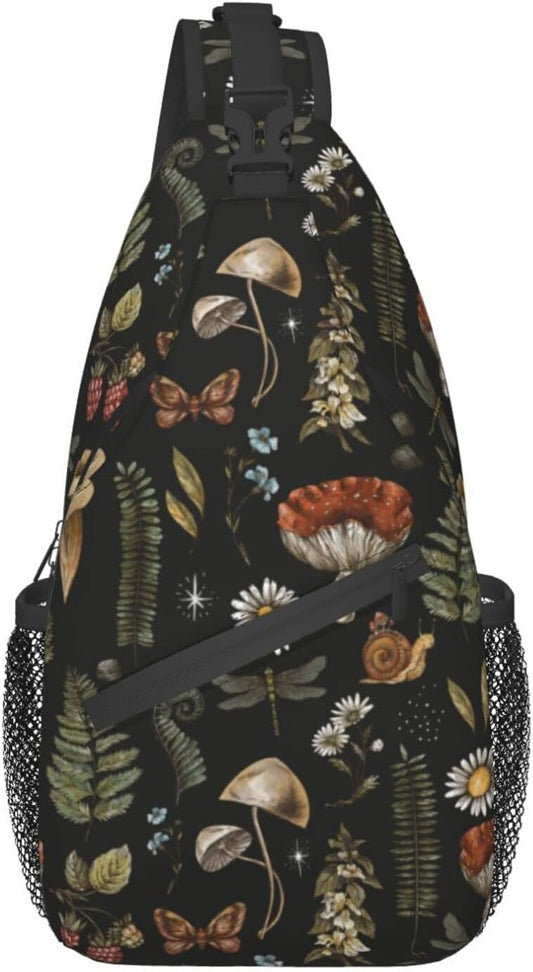 SUPLUCHOM Sling Bag Vintage Mushroom Leaf Forest Hiking Daypack Crossbody Shoulder Backpack Travel Chest Pack for Men Women Over 12 Years Old