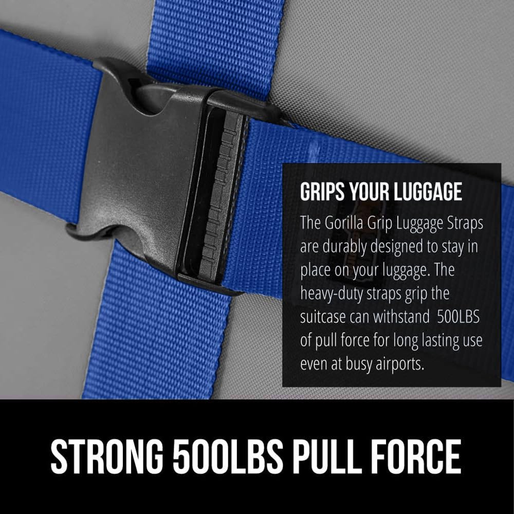 GORILLA GRIP Heavy Duty Adjustable Luggage Straps for Suitcases, Easy to Identify Travel Belt Connector Holds Suitcase Together, Extends Life of Bag, Strap Connects Two Bags, Accessories 2 Pack Blue