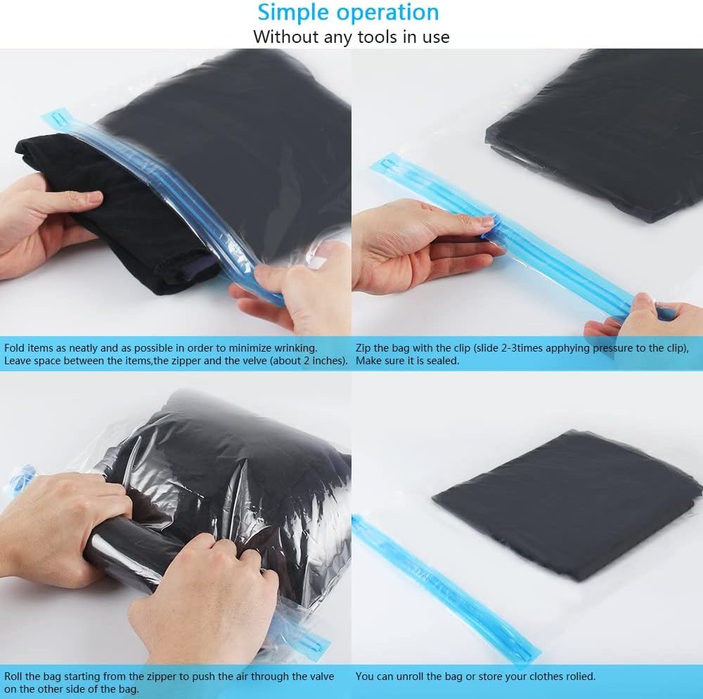 10Pack Travel Space Saver Bags (4 x S, 3 x L, 3 xL), Reusable KFYM Vacuum Travel Storage Bag, Saves 75% of Storage Space, Roll-Up Compression, No Need For Vacuum Machine Or Pump