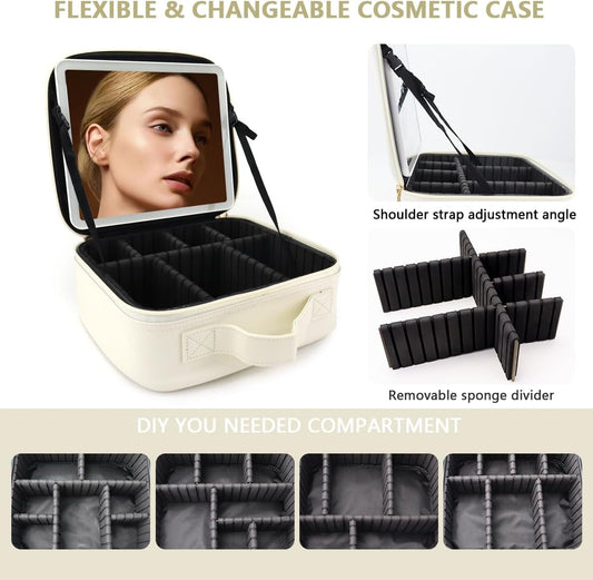 Travel Makeup Bag with LED Lighted Mirror, Travel Makeup Organizer,3 Color Setting Cosmetic Makeup Box, Adjustable Dividers and Brush Holder（white）