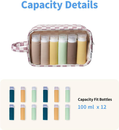 Narwey Clear Toiletry Bags for Traveling Women Men, Clear Travel Bags for Toiletries Makeup Bag Cosmetic Bag with Zipper, Make Up Organizer, Skincare Bag (Dusty Pink Checkerboard)