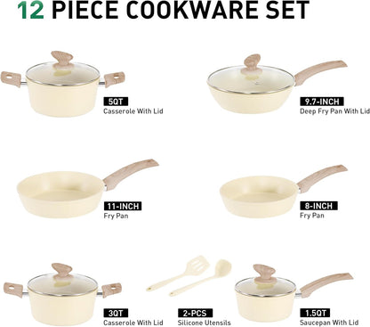 MAISON ARTS Pots and Pans Set Non Stick, Kitchen Cookware Sets Nonstick, 12 Piece Granite Cooking Pot and Pan for Induction, Stovetop, Beige