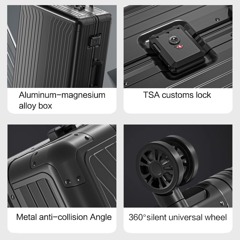 Metal all aluminum carry-on suitcase 20 "hard face, TSA lock and rotating wheel zippered luggage set (dark grey, 28 '')