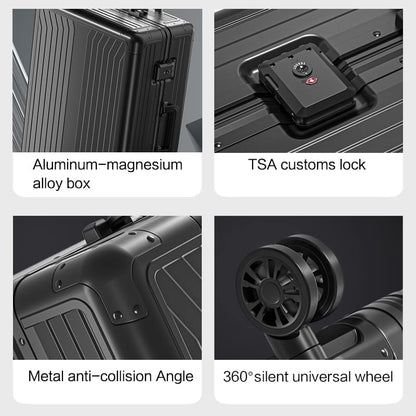 Metal all aluminum carry-on suitcase 20 "hard face, TSA lock and rotating wheel zippered luggage set (black, 20 '')