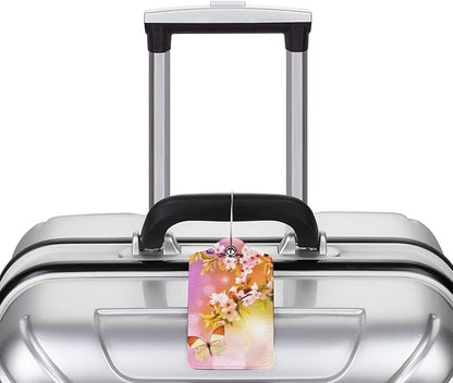 2 Packs Beautiful Spring Flowers PU Leather Luggage Tags Butterfly Suitcase Labels Bag Tags Cute Name ID Labels with Privacy Cover for Women Teen Girls Pink Yellow Background