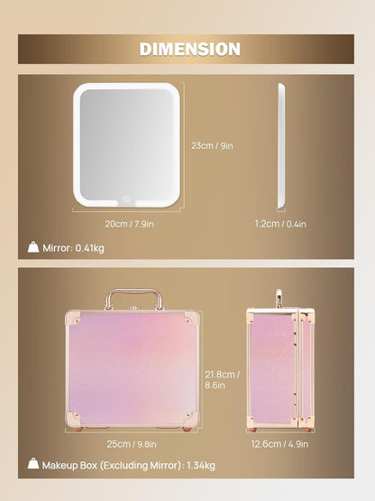 OMIRO Makeup Case, Makeup Bag with Light Up Mirror Set, Makeup Organizer Bag with Magnet Makeup Mirror for Women and Girls