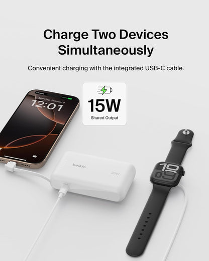 Belkin Portable Charger, Power Bank with Integrated Cable 10000 mAh 20W - Fast Charge USB C Power Delivery, iPhone Charger - iPhone 16 Series, iPad Pro, Galaxy S25, & More - White