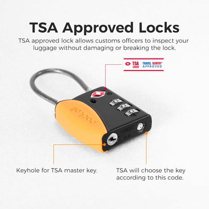 pack all TSA Approved Cable Luggage Locks, 3 Digit Combination Padlocks, Travel Lock for Suitcases & Bag, Alloy Body, Travel Accessories (1 Pack)（Orange）
