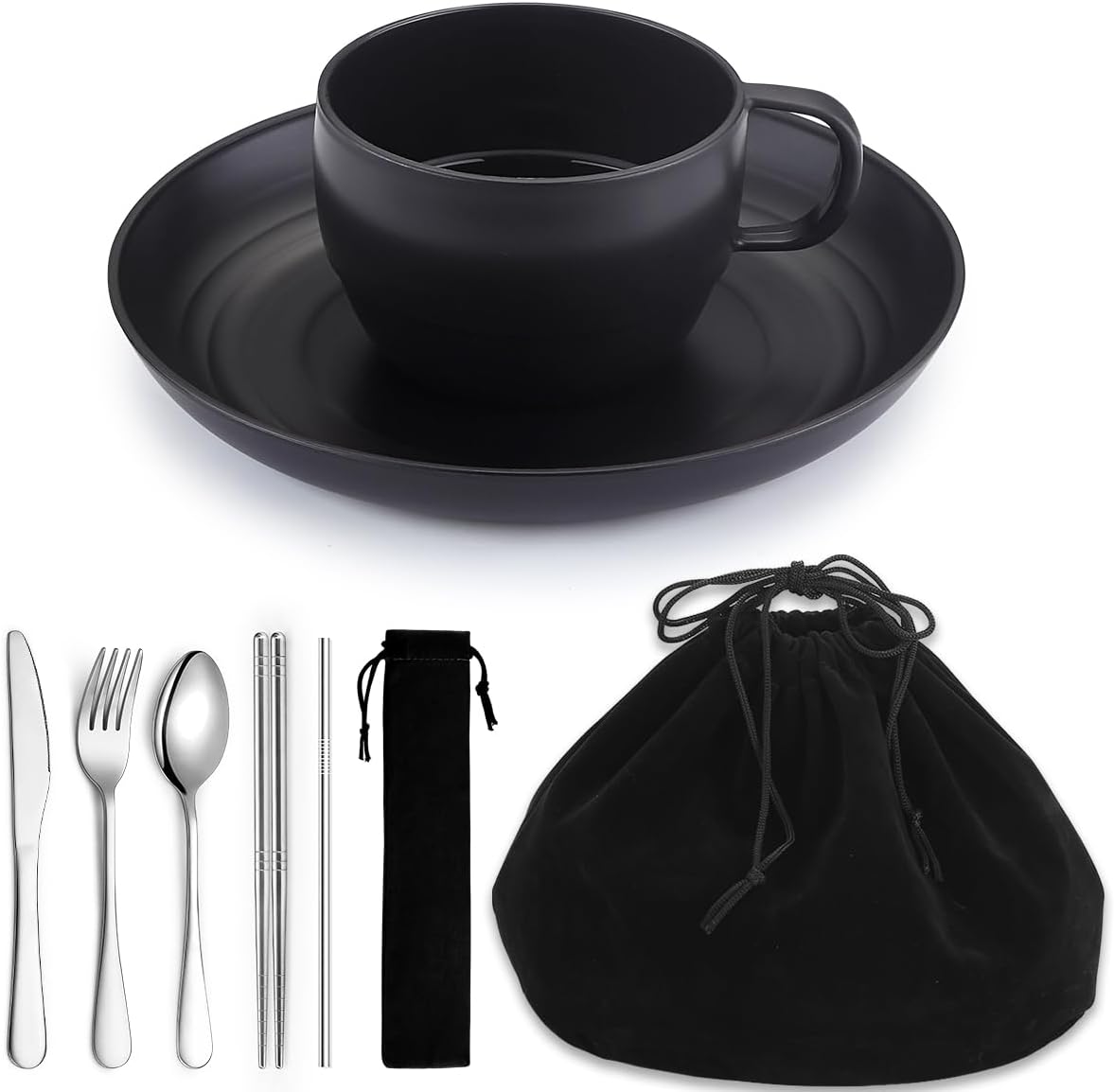 Camping Essentials Set, HOMQUEN Camping Plates and Bowls Set, Coffee Mug, Travel Cutlery Set Include Spoon, Fork, Knife for Work, Outdoor,Picnic, Camp （Black）