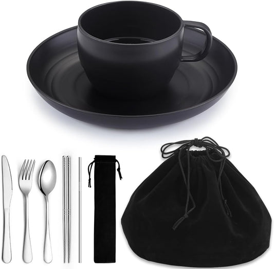 Camping Essentials Set, HOMQUEN Camping Plates and Bowls Set, Coffee Mug, Travel Cutlery Set Include Spoon, Fork, Knife for Work, Outdoor,Picnic, Camp （Black）