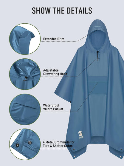 SaphiRose Extra Thick Hooded Rain Poncho Double Layer Waterproof Raincoat Jacket for Men Women Adults