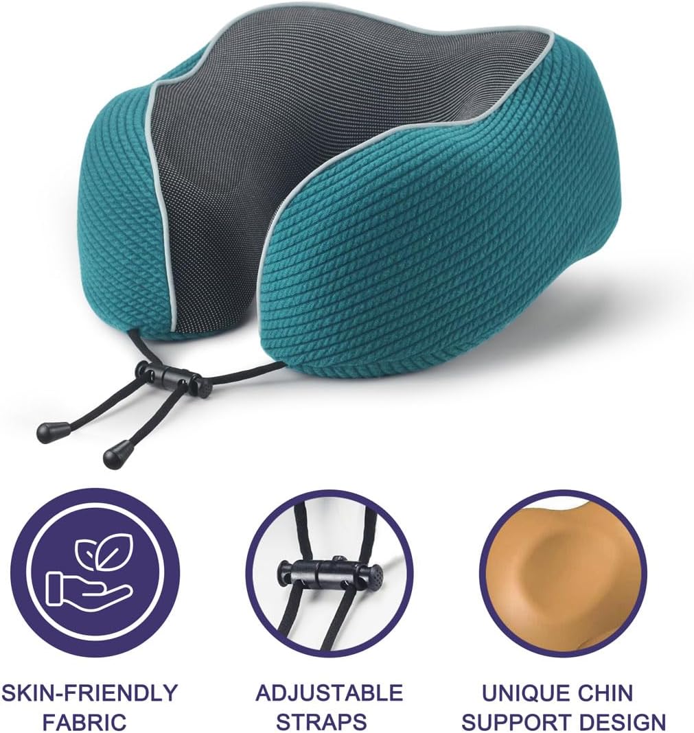 napfun Neck Pillow for Traveling, Upgraded Travel Neck Pillow for Airplane 100% Pure Memory Foam Travel Pillow for Flight Headrest Sleep, Portable Plane Accessories, Teal Set, Medium (120-200LB)
