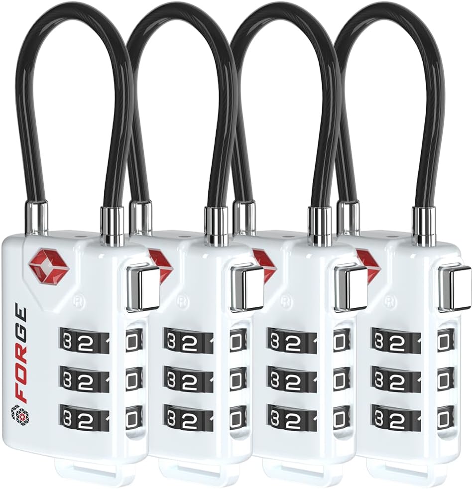 TSA Approved Cable Luggage Locks, Re-settable Combination with Alloy Body (White 4 Locks)
