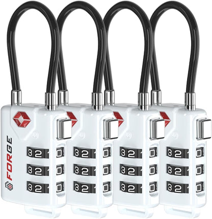 TSA Approved Cable Luggage Locks, Re-settable Combination with Alloy Body (White 4 Locks)