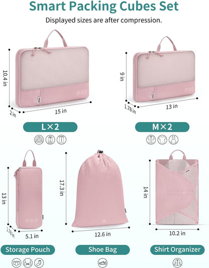 WANDF 7 Set Compression Packing Cubes for Travel, Shirt Folder for Wrinkle-Free, Suitcase Organizer Bags Set for Carry-On Checked Luggage Duffle Bag Women Men(Pink)