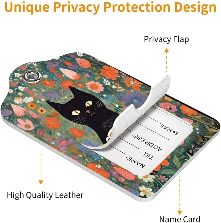 2 Pack Luggage Tag for Suitcase, Cute Unique Leather Bag Tags Identifiers Privacy Cover ID Label with Durable Steel Loop for Women Men Kids Girls Travel, Black cat Flower