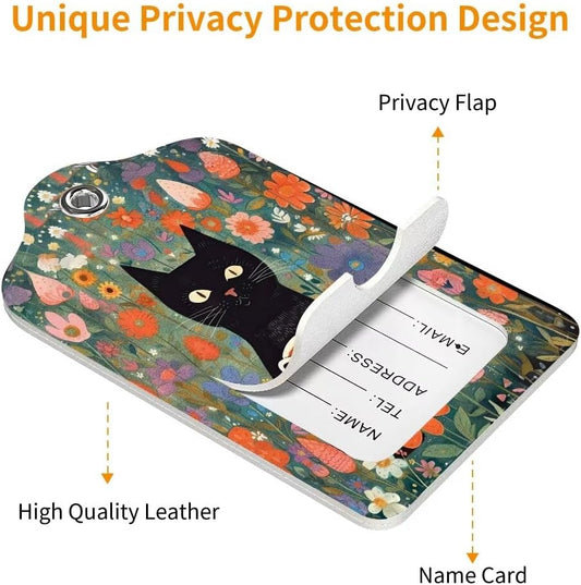 2 Pack Luggage Tag for Suitcase, Cute Unique Leather Bag Tags Identifiers Privacy Cover ID Label with Durable Steel Loop for Women Men Kids Girls Travel, Black cat Flower