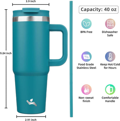 40 oz Tumbler with Handle and 2 Straws,2 in 1 Lid Insulated Water Bottle Stainless Steel Travel Coffee Mug,Blue