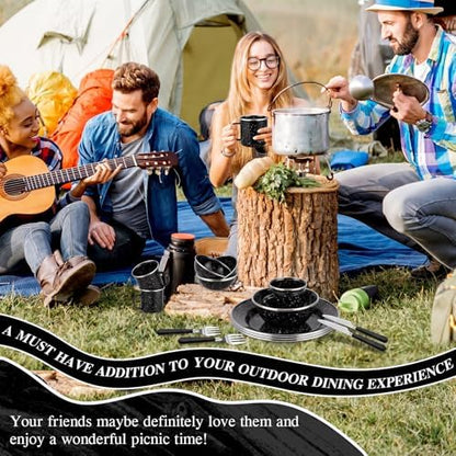 Nuogo 48 Pcs Camping Dinnerware Enamel Mugs Plates Bowls Utensils, Black