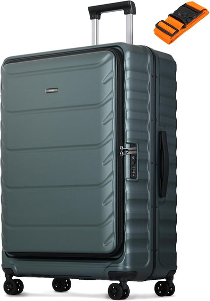 Checked Luggage, 28 Inch Luggage with Spinner Wheels, Large Suitcase with Lightweight PC Hard Shell, Aluminum Frame, Top Opening, YKK Zipper, TSA Lock (Dark Green, 1PC)