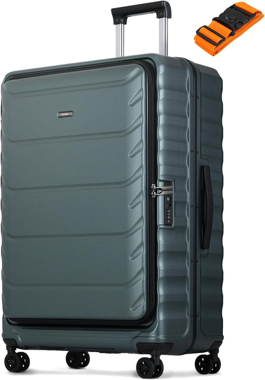 Checked Luggage, 28 Inch Luggage with Spinner Wheels, Large Suitcase with Lightweight PC Hard Shell, Aluminum Frame, Top Opening, YKK Zipper, TSA Lock (Dark Green, 1PC)