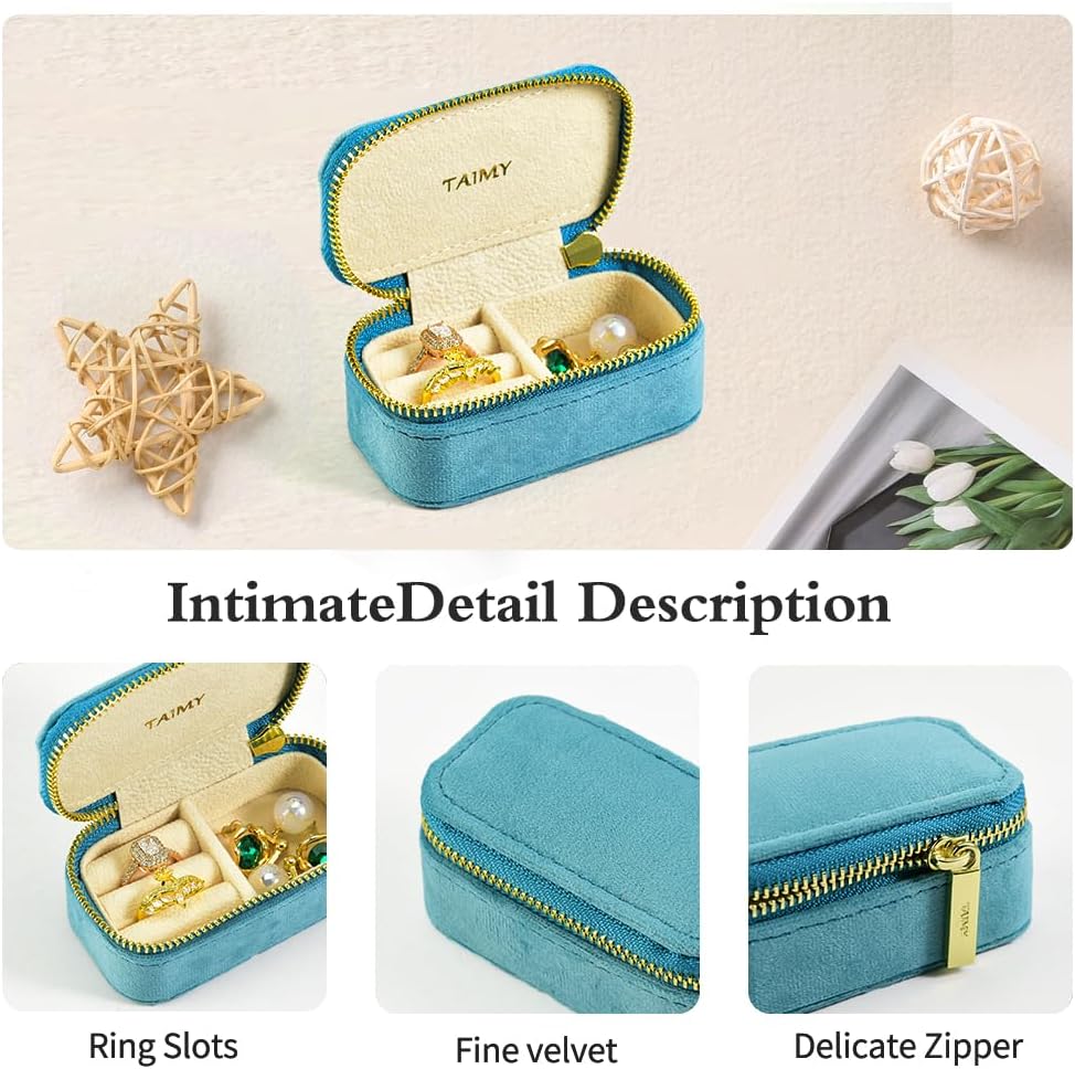 Small Travel Jewelry Case, Mini Tiny Plush Velvet Jewelry Box for Women and Girls, Pocket Size Jewelry holder organizer for Rings Earrings and Small Items(Coral Blue)