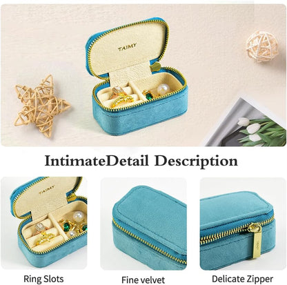 Small Travel Jewelry Case, Mini Tiny Plush Velvet Jewelry Box for Women and Girls, Pocket Size Jewelry holder organizer for Rings Earrings and Small Items(Coral Blue)
