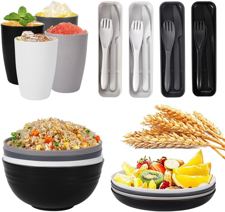 28pcs Dinnerware Reusable Sets for 4 - Perfect for Picnic, Dorm,Camping Plates Cups and Bowls Set -Dark Grey