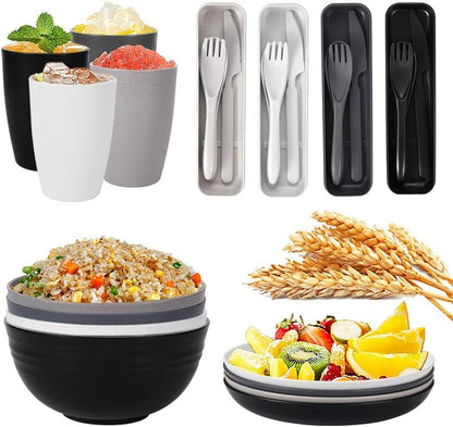 28pcs Dinnerware Reusable Sets for 4 - Perfect for Picnic, Dorm,Camping Plates Cups and Bowls Set -Dark Grey