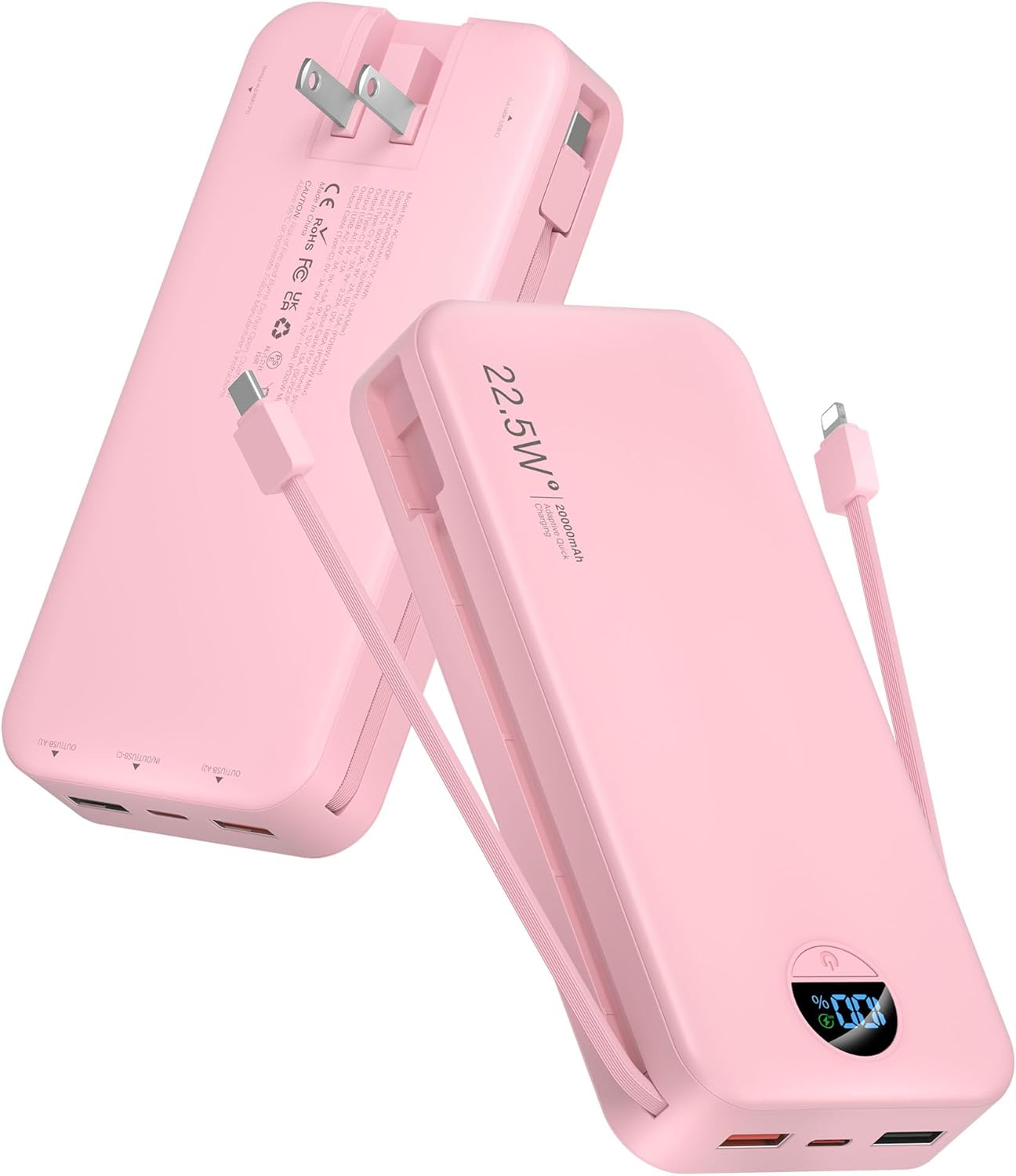 Portable Charger Power Bank, 20000mAh 22.5W USB C Fast Charging Power Bank with Built-in Cables & Wall Plug, Battery Pack with LED Display, Travel Essential Compatible with iPhone, iPad, Samsung Pink