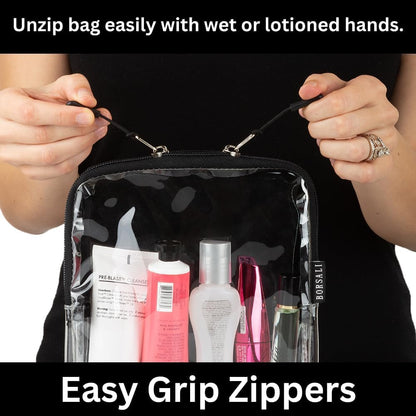 BORSALI TSA-Approved Quart-Sized Bag for Carry-On Travel - One (1) Quart Clear Toiletries, Cosmetic and 3-1-1 Liquids Toiletry Bag - Black With Handle