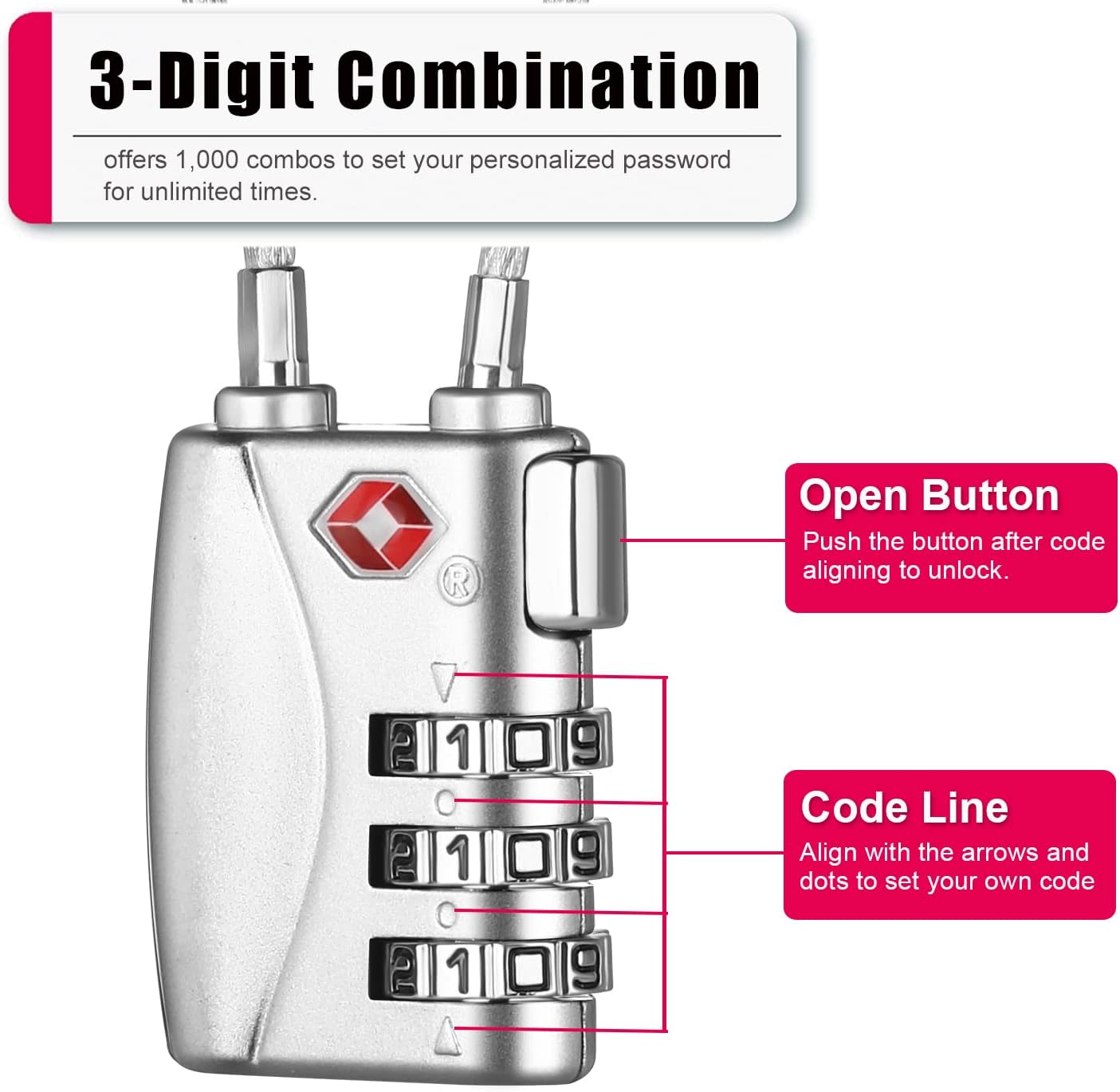 ZHEGE TSA Lock for Luggage 3 Digit Combination Cable Lock with Alloy Body for Suitcase, Baggage, Backpack, Pistol Case (Silver)